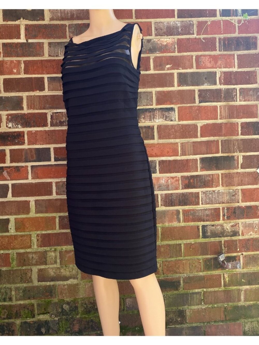 Adrianna Papell Black Shutter Pleat Midi Dress Sleeveless 10 Cocktail,Stretch - Picture 2 of 11